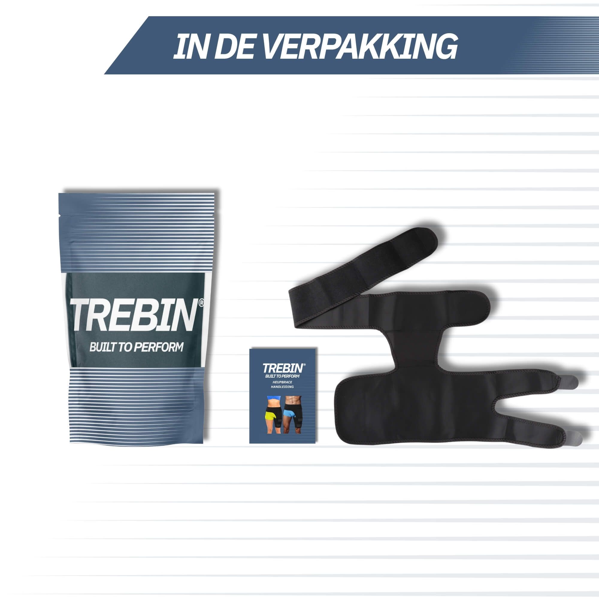 Confezione con logo Trebin, istruzioni e una cintura di supporto nera per anca e coscia.
