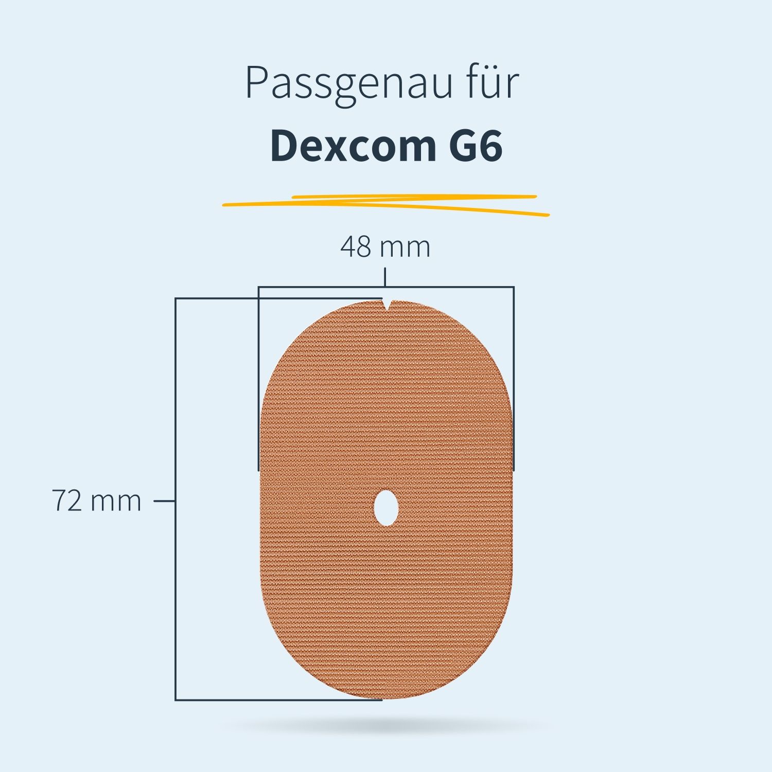 Cerotto ovale di 72 mm x 48 mm. Testo: Vestibilità perfetta per Dexcom G6.