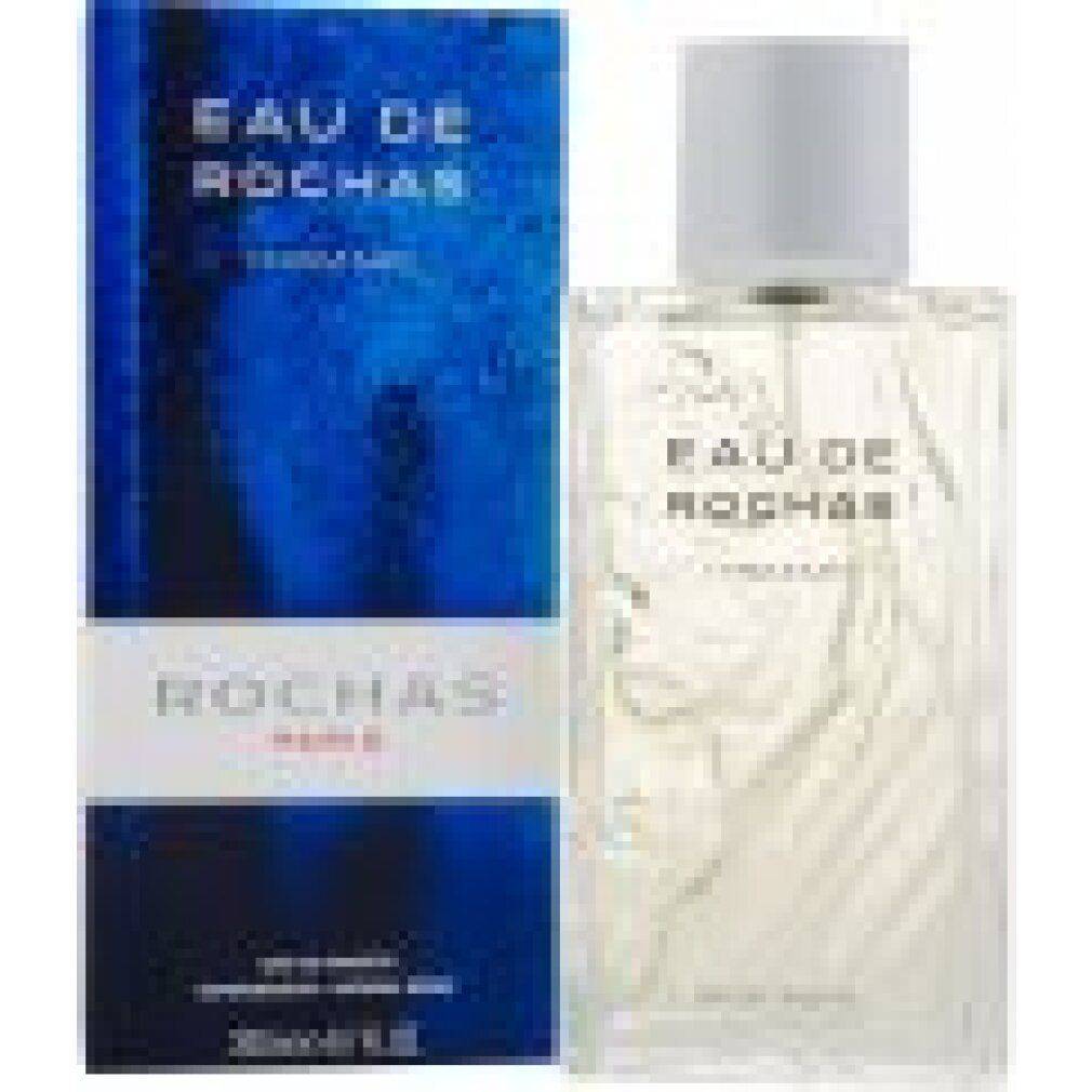 Flacone e confezione Eau de Rochas Homme. Flacone rettangolare, tappo argentato. Scatola blu con testo bianco.