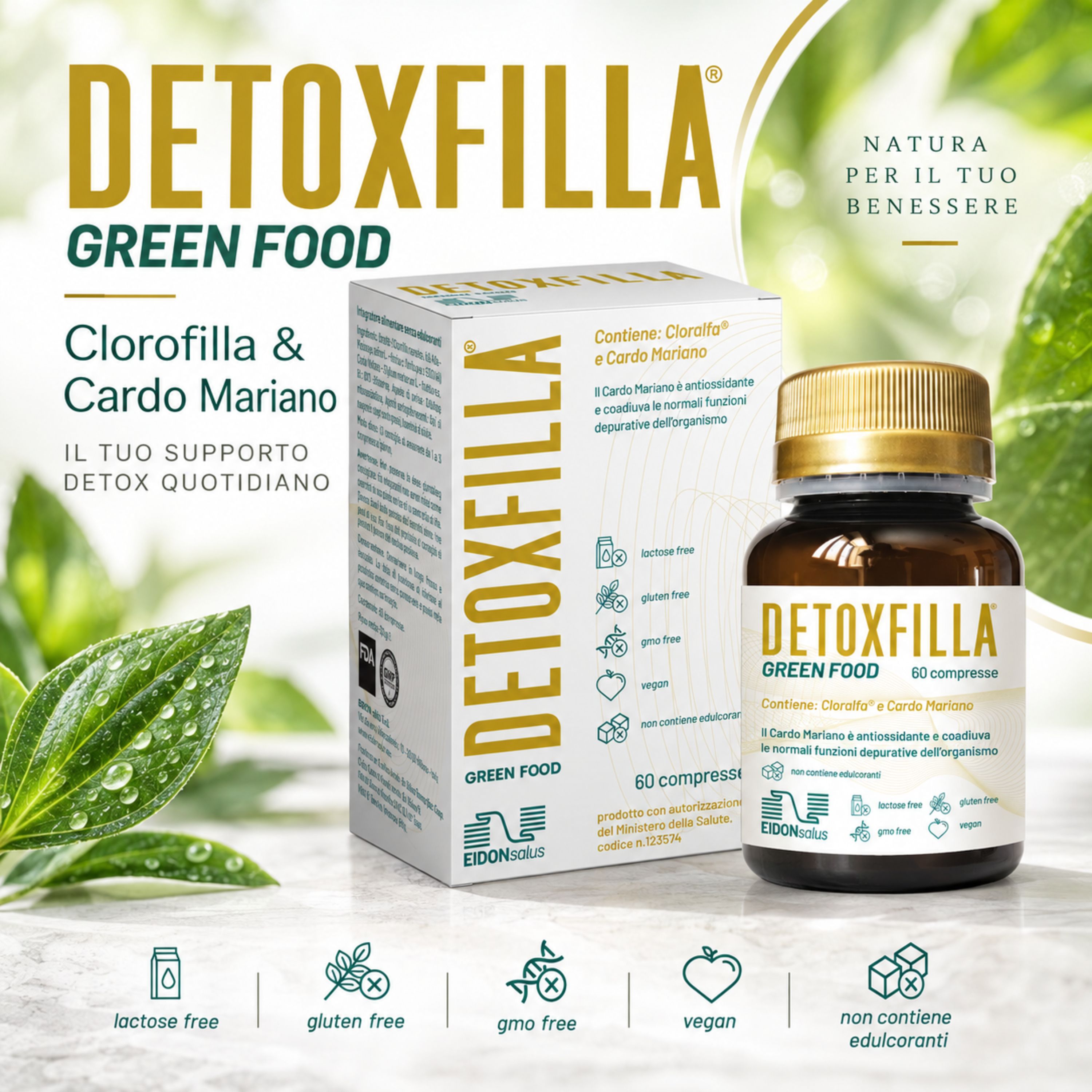 DETOXFILLA Green Food: scatola e flaconcino di compresse verdi. Contiene Clorofilla & Cardo Mariano.