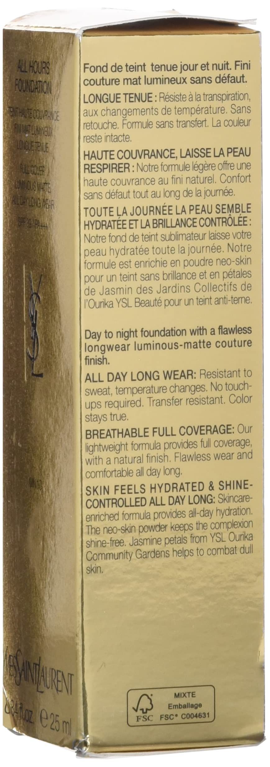 Retro della confezione di Yves Saint Laurent Fondotinta per Tutte le Ore MN10. Testo multilingue.