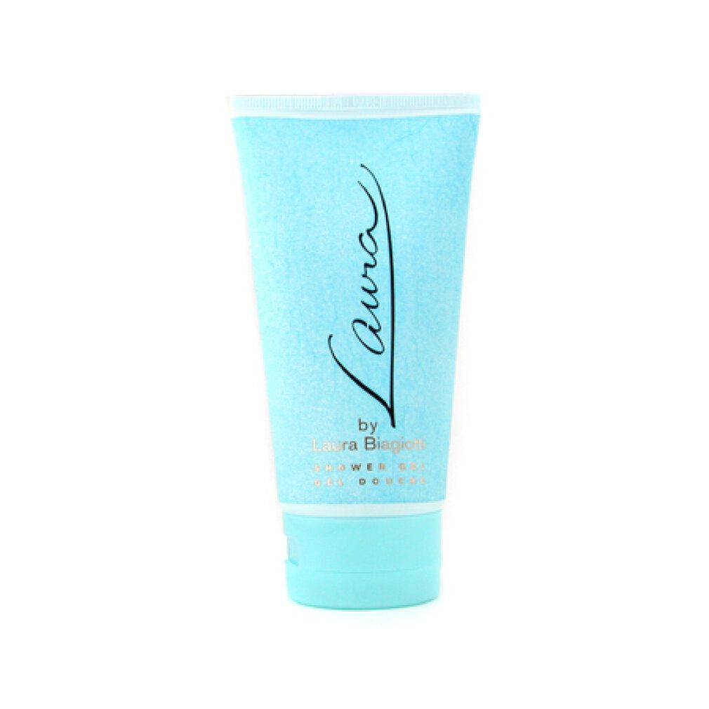 Gel doccia azzurro in tubo. Scritta "Laura" in nero. "by Laura Biagiotti" e "Shower Gel" sotto. Tappo turchese.