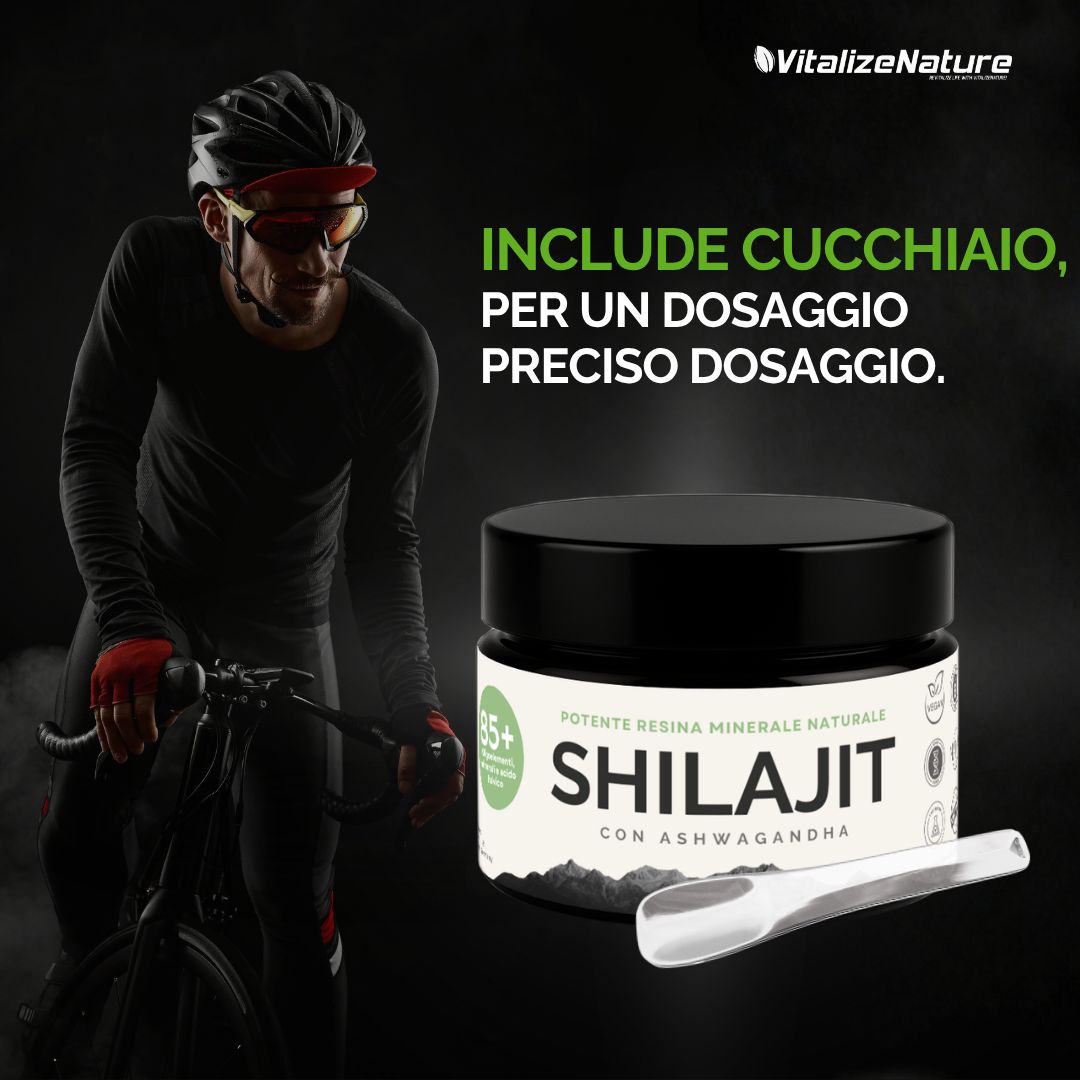 Un barattolo di Shilajit con Ashwagandha, contiene oltre 85 minerali, vegano, senza glutine.
