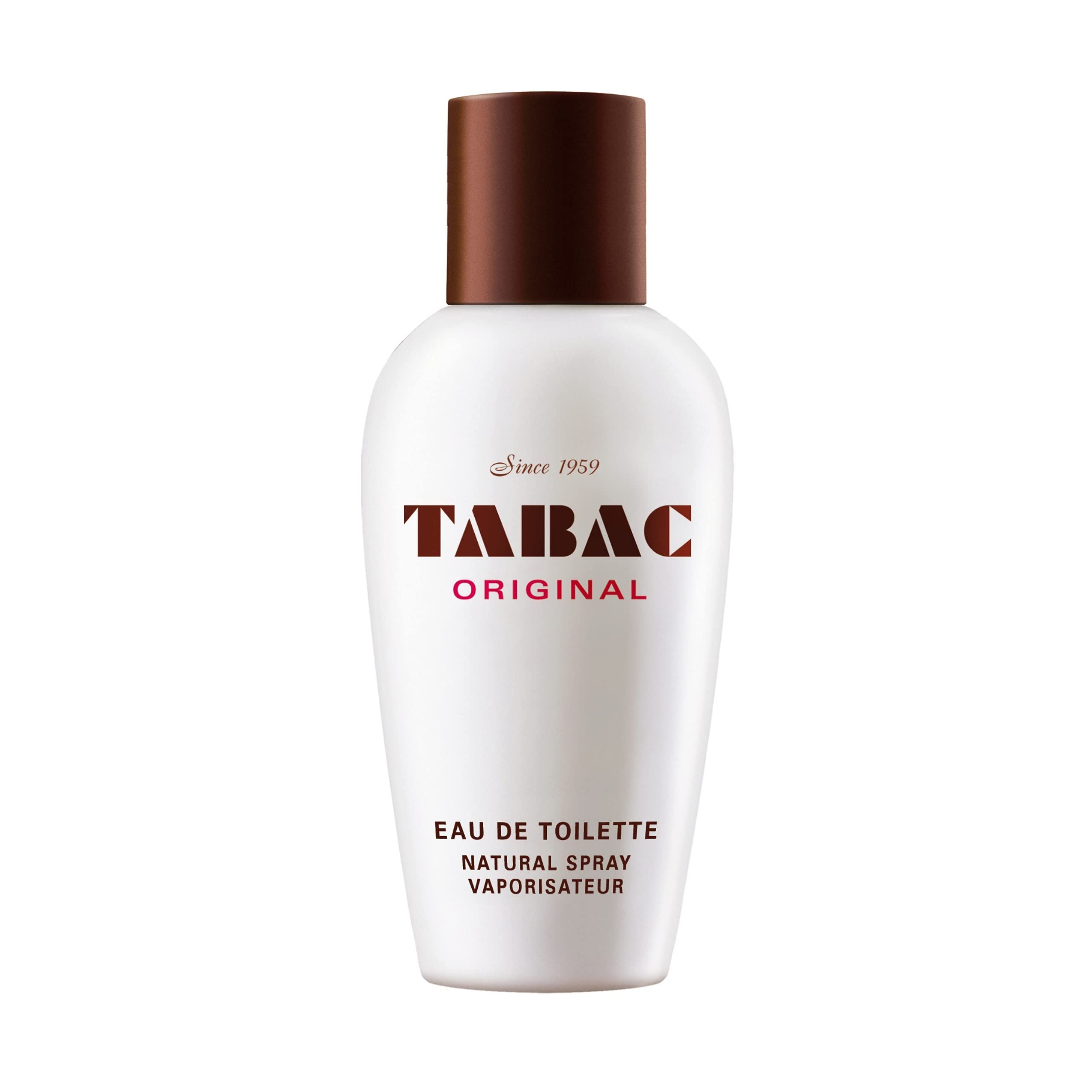 Flacone bianco con tappo marrone. Scritta: TABAC ORIGINAL. Eau de Toilette. Vaporisateur naturel.