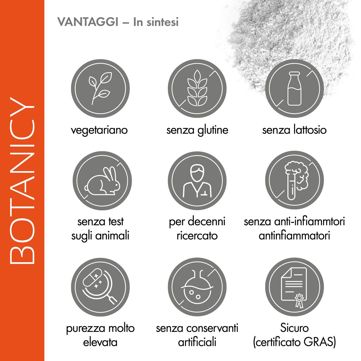 Icone. Vegetariano, senza glutine, senza lattosio, senza test sugli animali, ricercato, senza antinfiammatori, alta purezza, senza conservanti.