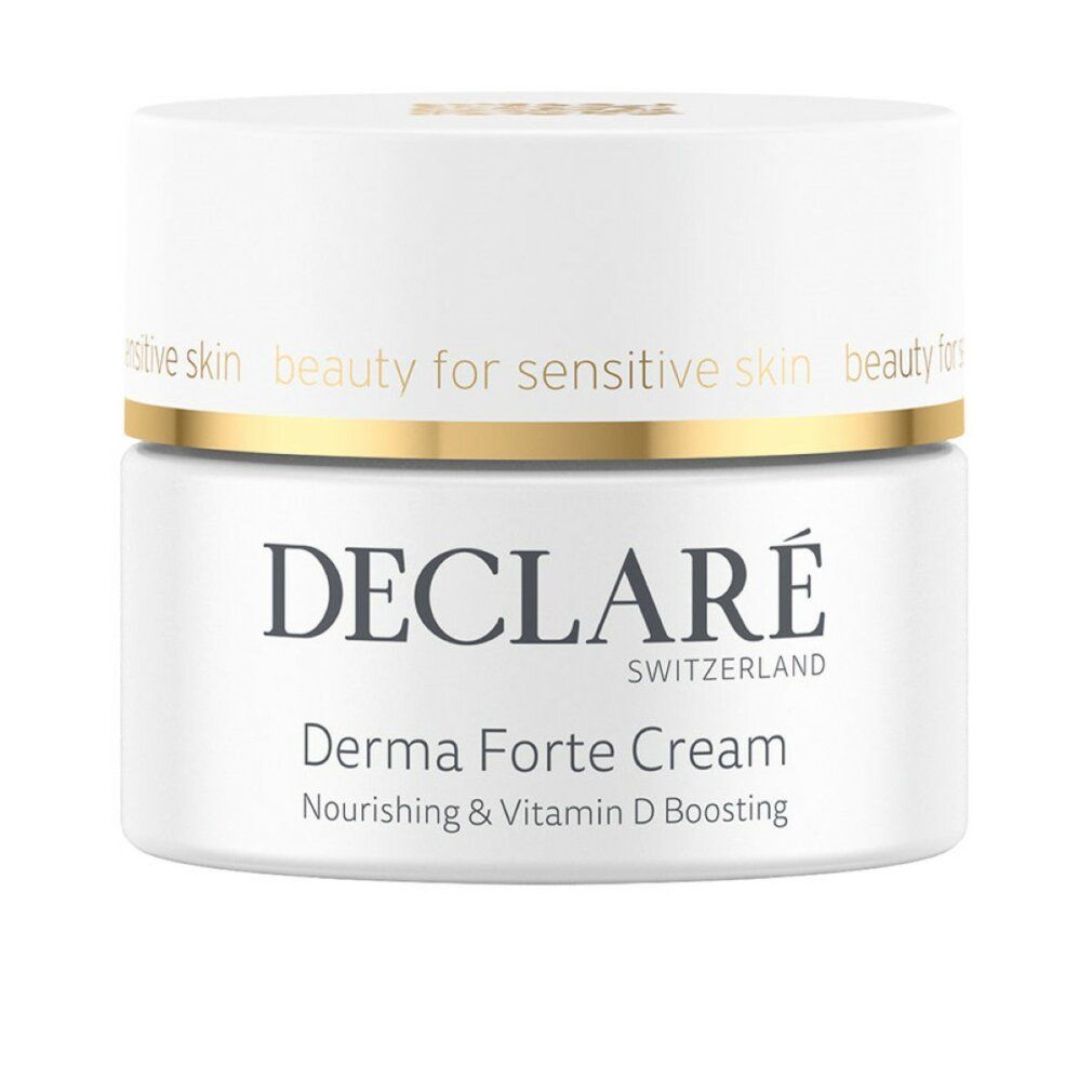 Vasetto bianco con coperchio dorato. Scritte: DECLARÉ SWITZERLAND, Derma Forte Cream, Nourishing & Vitamin D Boosting.