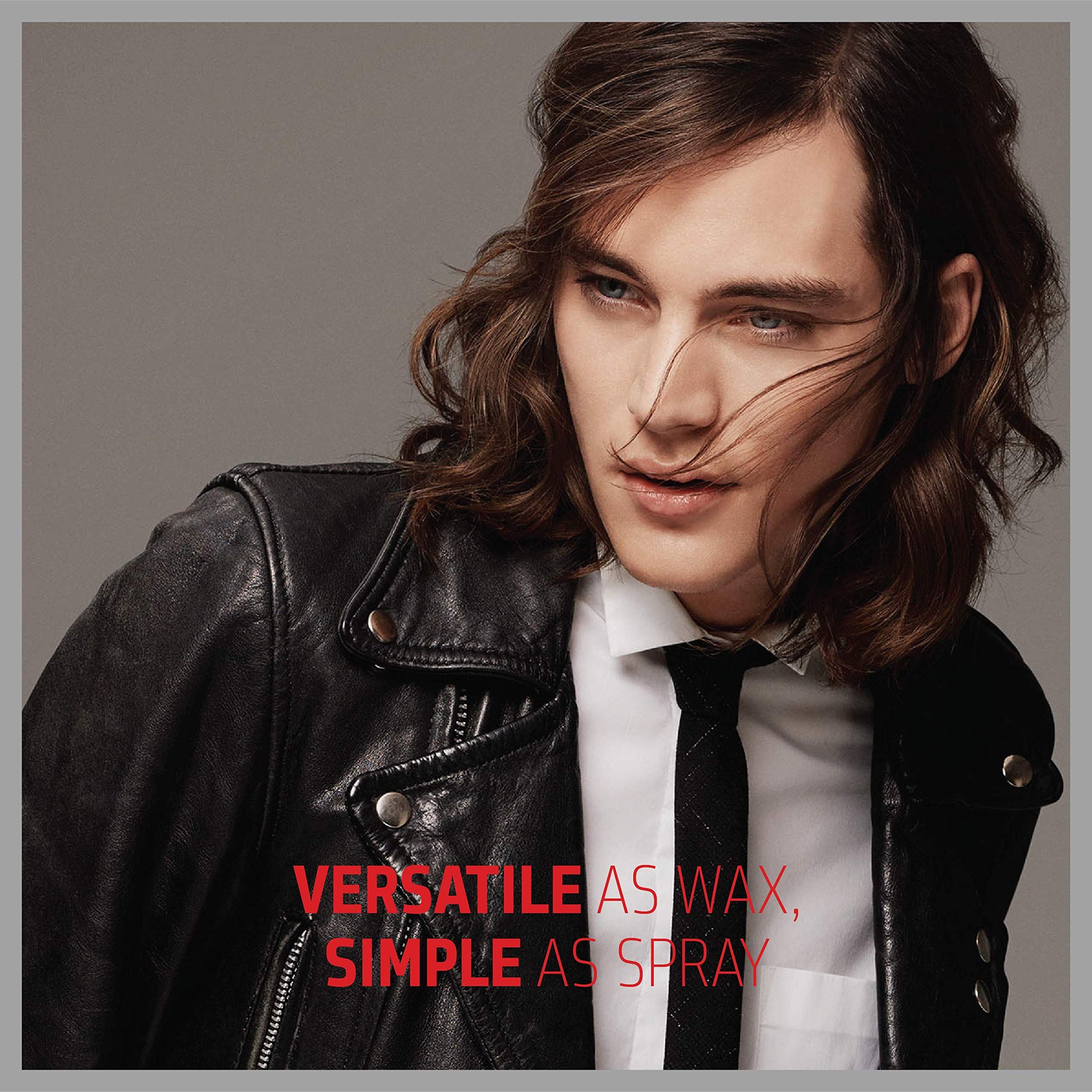 Uomo con capelli lunghi. Testo: VERSATILE AS WAX, SIMPLE AS SPRAY.