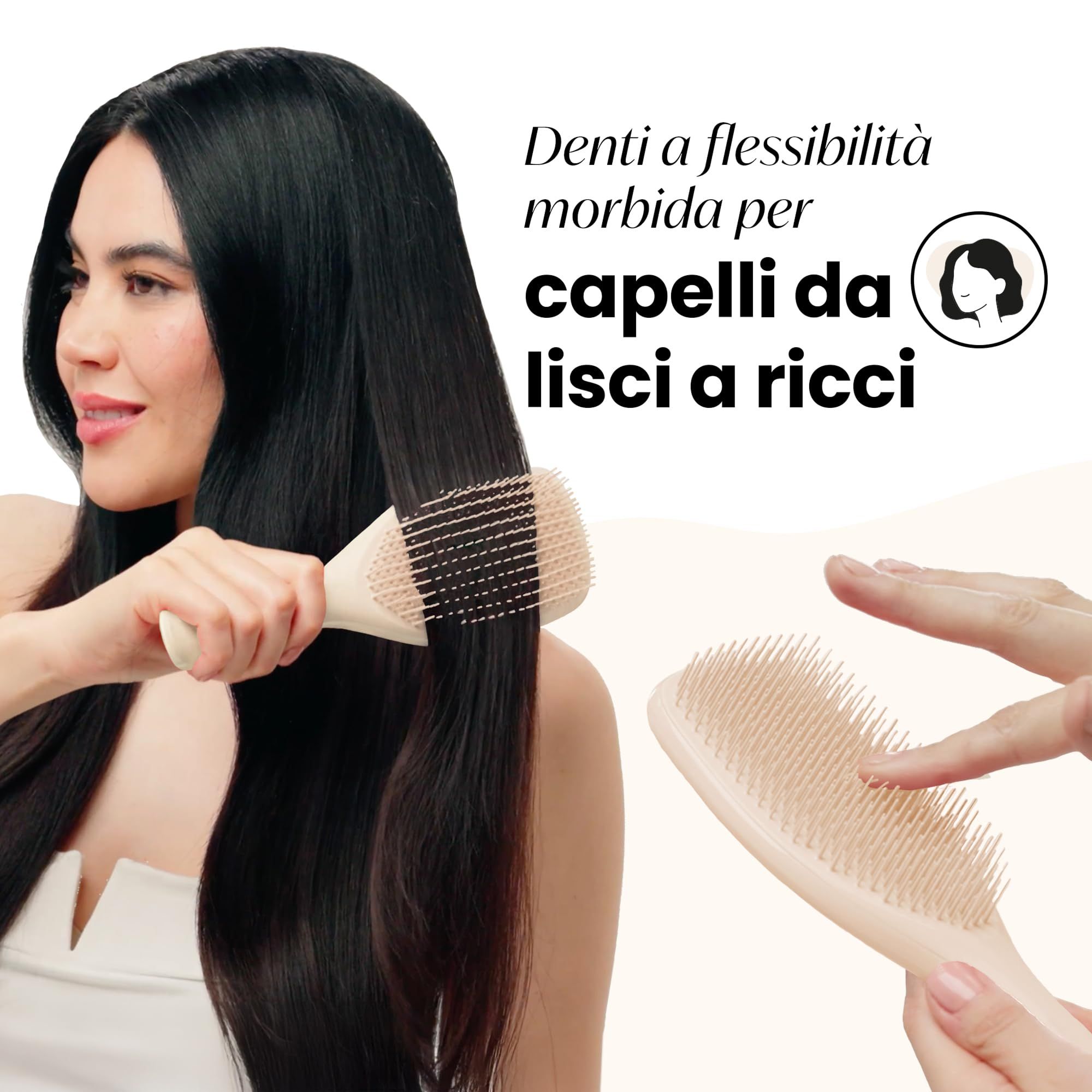 Donna che si spazzola i capelli con una spazzola color crema. Viene mostrata una seconda spazzola. Testo: Denti a flessibilità morbida per capelli da lisci a ricci.