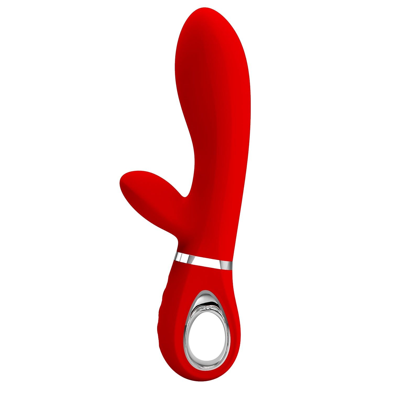 Vibratore rosso a forma di coniglio. In silicone, con pulsanti e anello argentato.