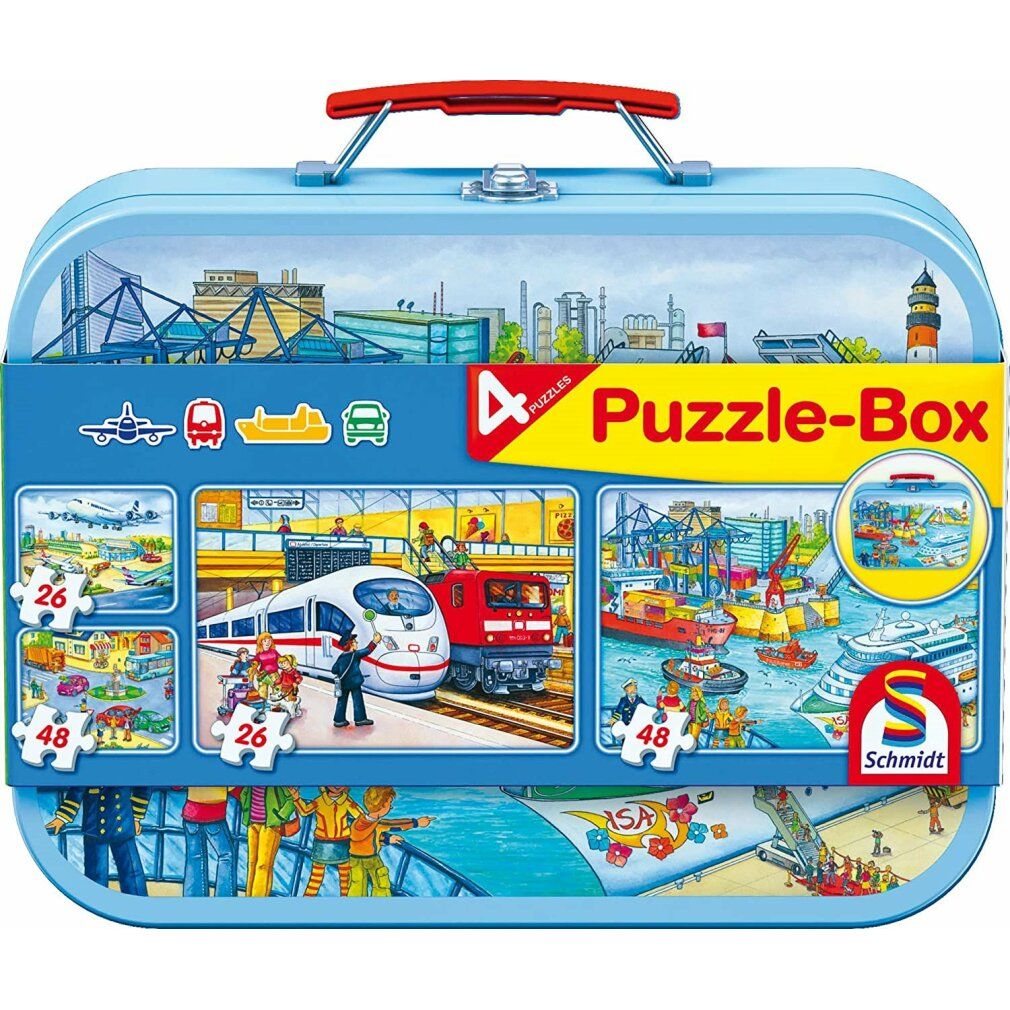 schmidt Puzzle Trasporto 4in1 in scatola di latta (26,26,48,48 pezzi)