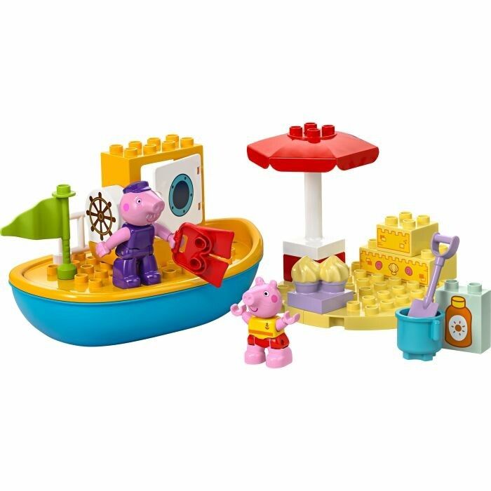 Set LEGO Duplo. Include una costruzione di barca gialla e blu con personaggi di Peppa Pig, accessori da spiaggia e confezione.