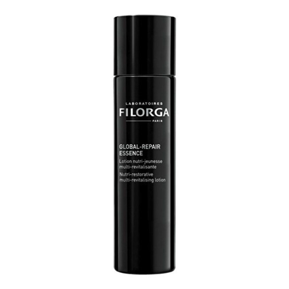 Flacone nero con etichetta Filorga Global-Repair Essence. Testo: Lotion nutri-jeunesse multi-revitalisante.