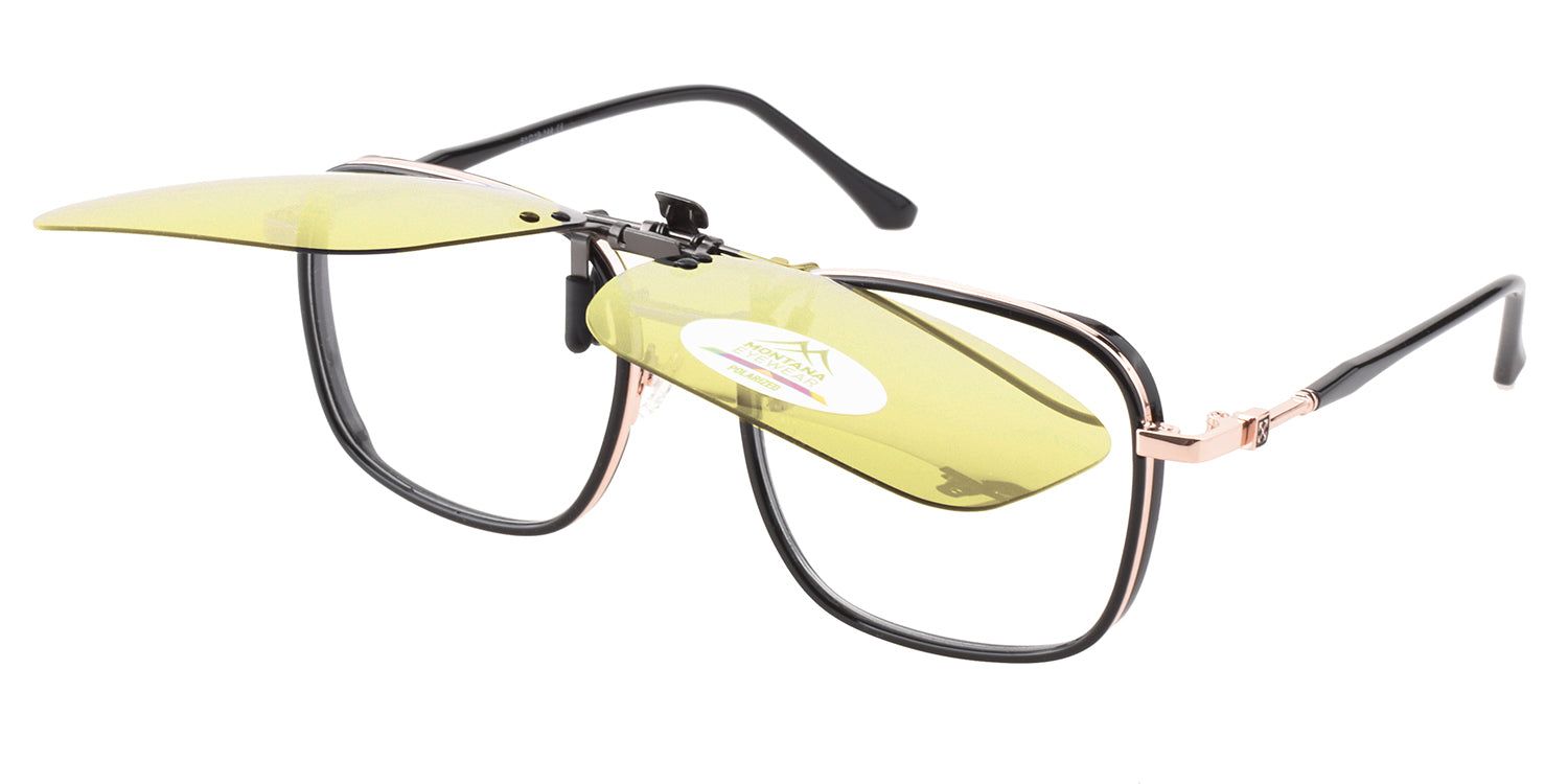 Occhiali da sole clip-on Montana Eyewear Tofino, lenti gialle, montatura nera, sollevate. Logo Polarized.