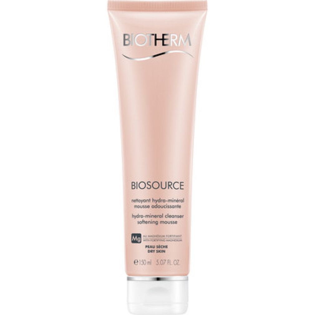 Tubo rosa con tappo bianco. Scritte: Biotherm, Biosource, hydro-mineral cleanser softening mousse. Pelle secca.
