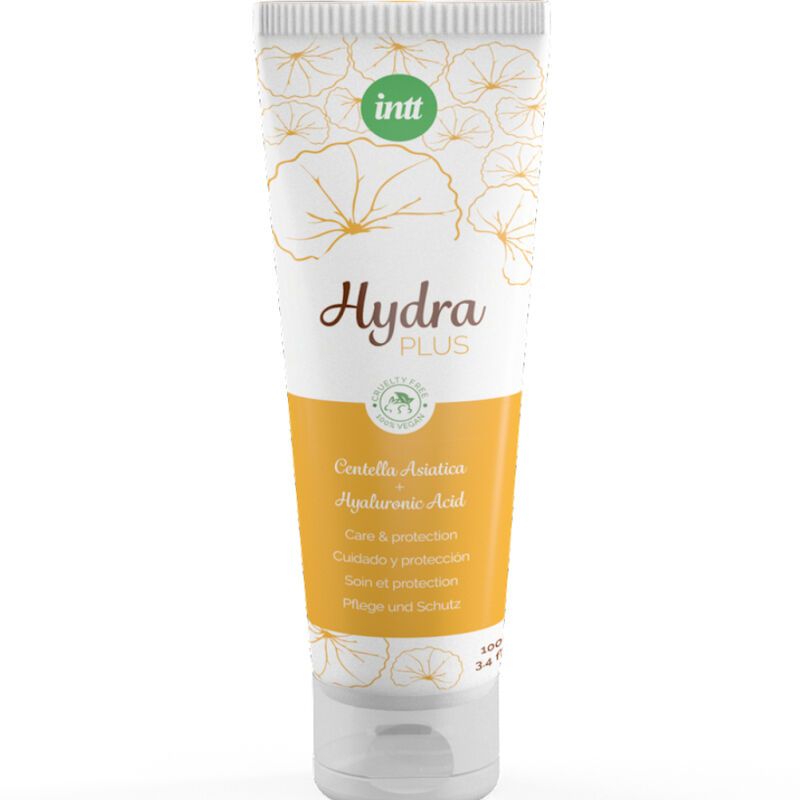 Tubo di lubrificante Hydra Plus, bianco-giallo con motivo floreale. Contiene Centella Asiatica e Acido Ialuronico.