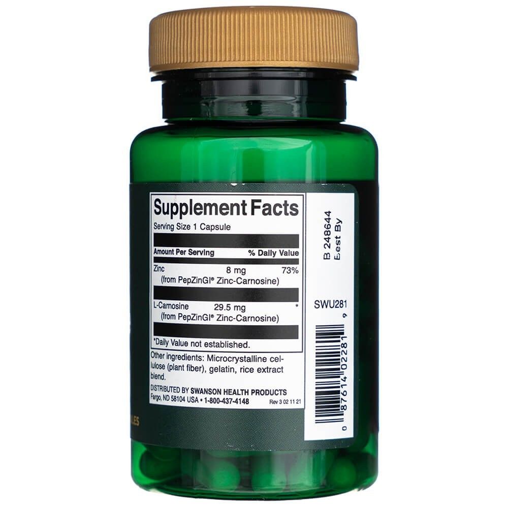 Retro di un barattolo verde Swanson Zinco Carnosina, Informazioni Nutrizionali, 60 capsule.