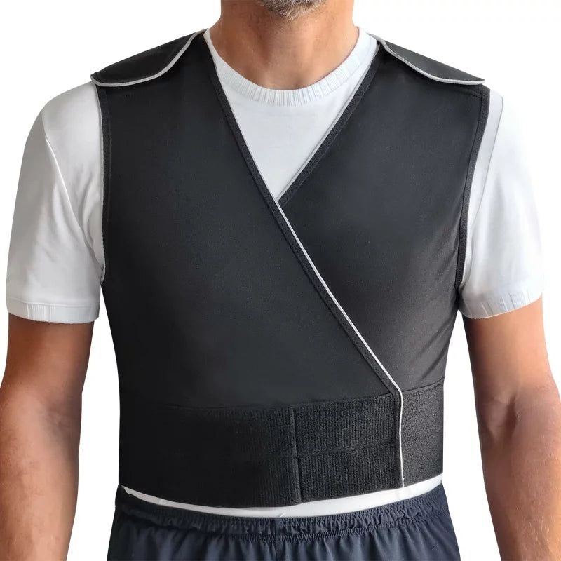 Vista frontale di un gilet anti-russamento nero con bordo bianco e chiusura in velcro.