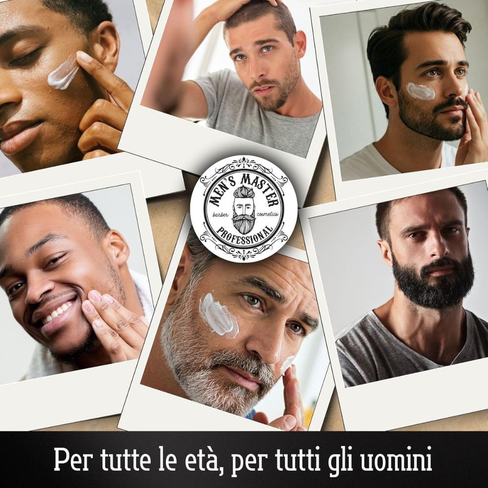 Diverse foto di uomini che applicano la crema. Testo: Per tutte le età, per tutti gli uomini. Con logo.
