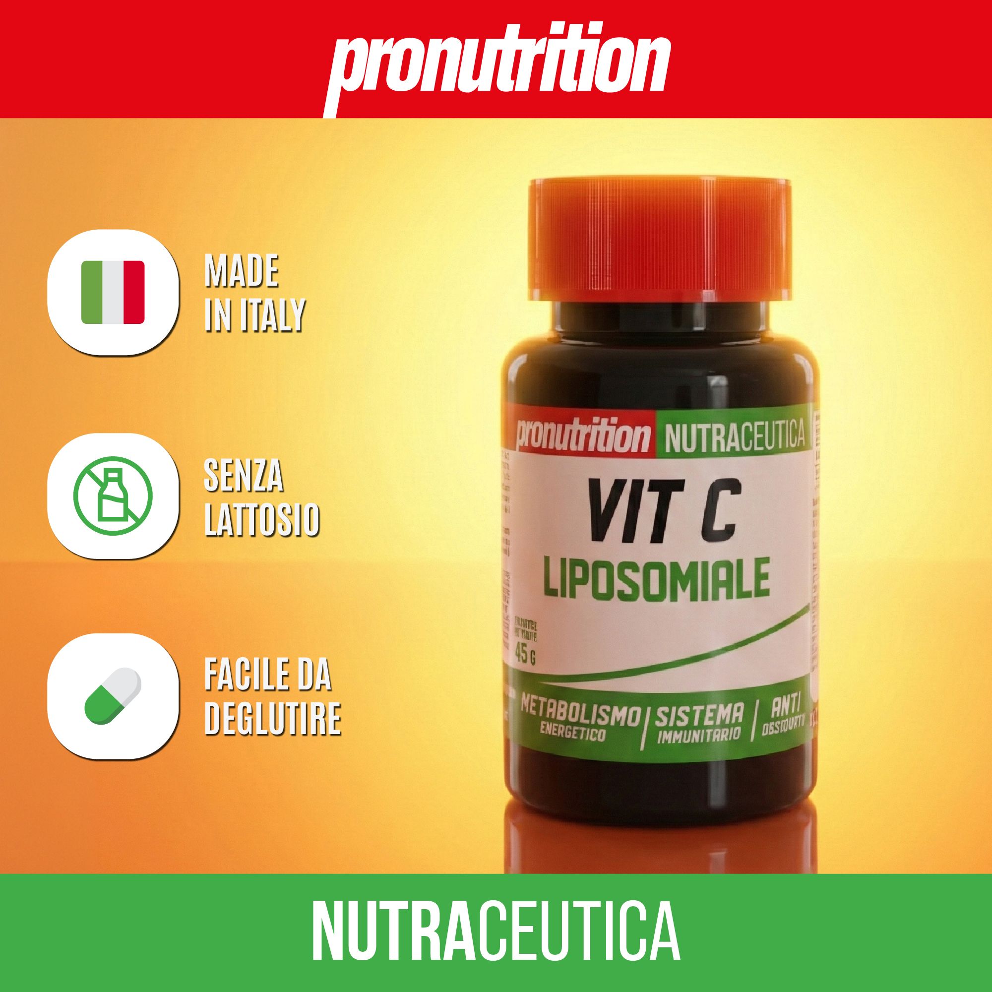 Flacone marrone con tappo rosso. Scritta: VIT C LIPOSOMIALE. Testo: Made in Italy, senza lattosio, facile da deglutire.