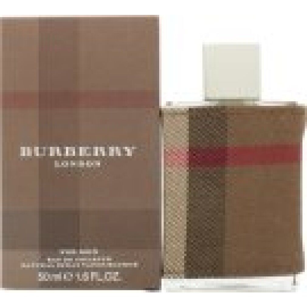 Flacone e confezione Burberry London for Men. Design a quadri marrone. Tappo bianco. 50ml.
