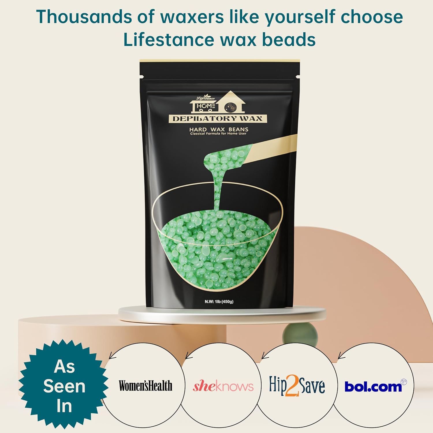 Confezione nera con perle di cera verdi. Testo: Perle di cera Lifestance. Loghi: Women's Health, sheknows, Hip2Save, bol.com.