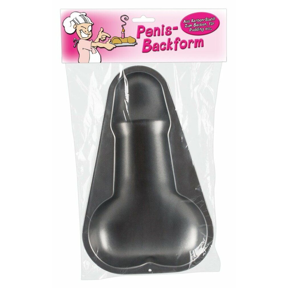 Tortiera a forma di pene confezionata, con scritta 'Penis-Backform'.