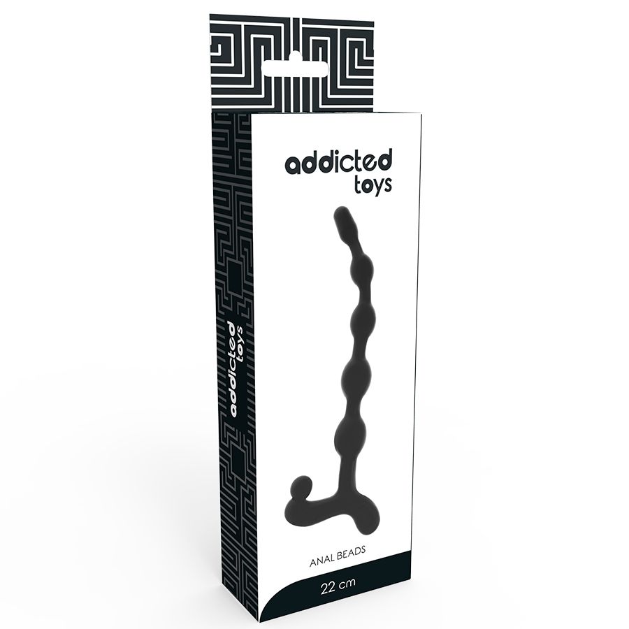 Confezione Addicted Toys. Scatola nera con immagine del prodotto. Scritta 'ANAL BEADS' e '22 cm'.