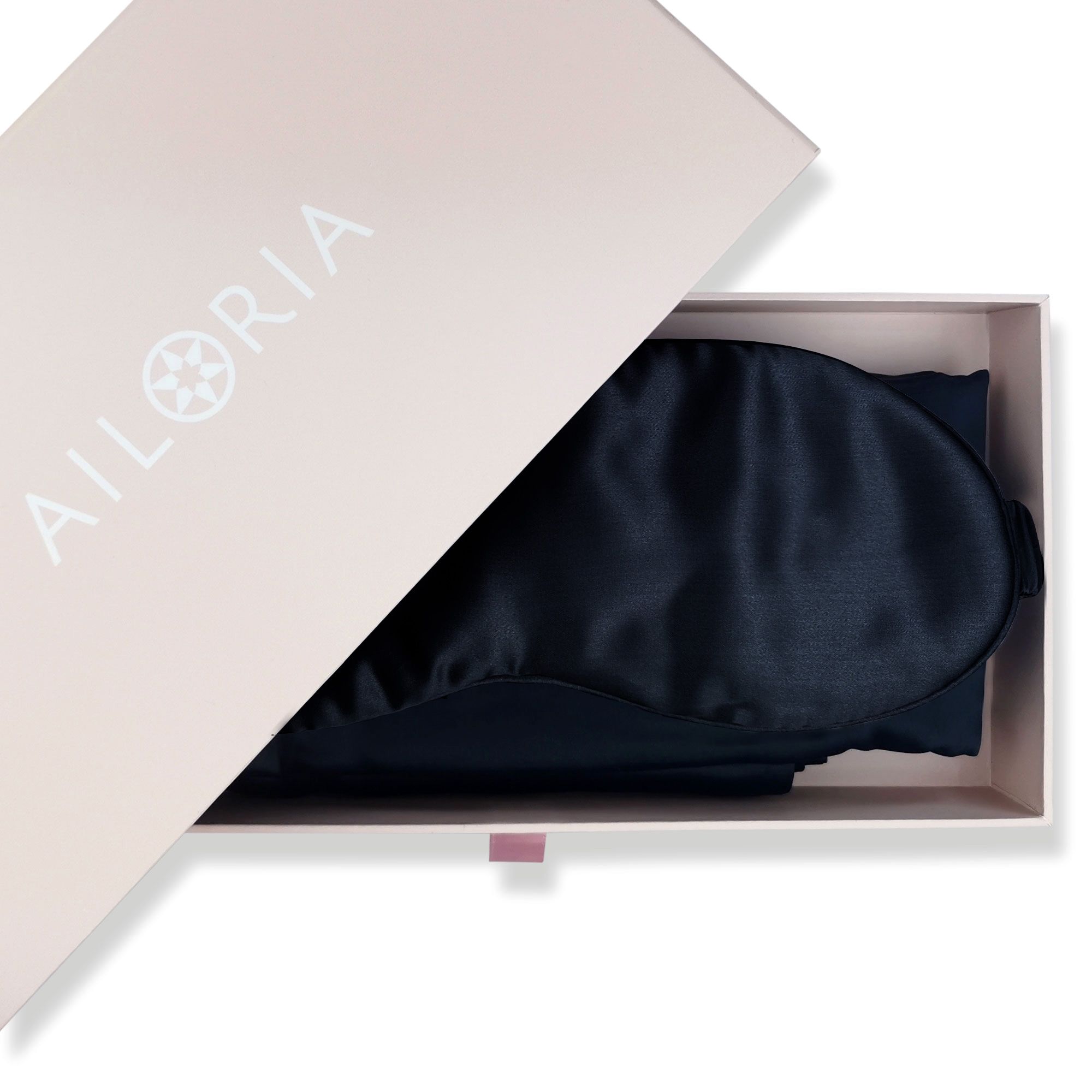 Maschera per dormire blu scuro in seta in una scatola regalo rosa con logo "AILORIA".