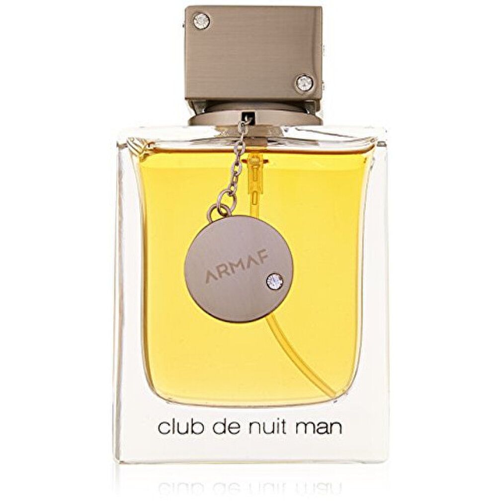 Flacone quadrato Eau de Toilette. Scritta: Club de Nuit Man. Tappo e pendente in metallo.