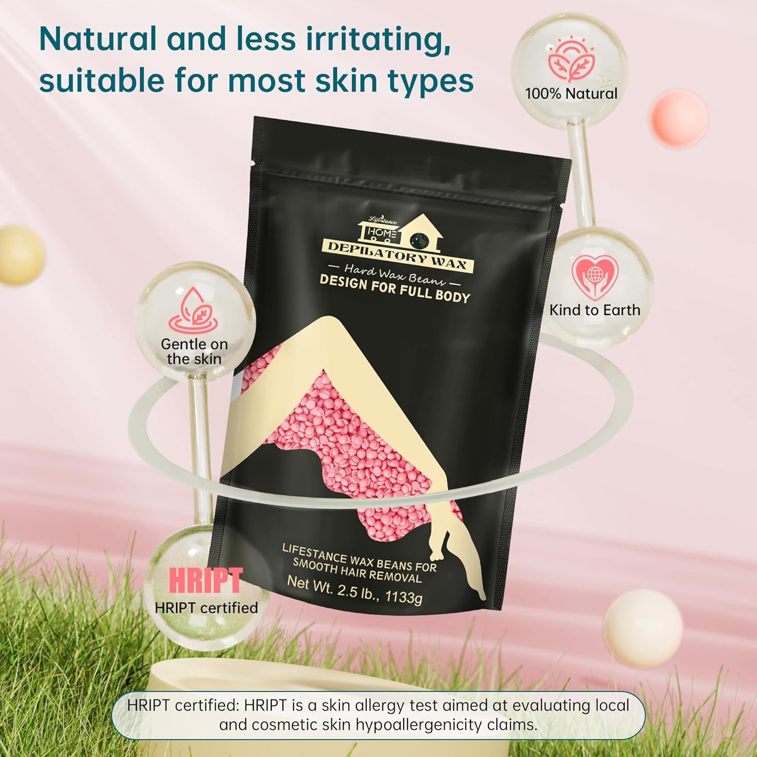 Confezione nera con perle di cera rosa. Testo: Lifestance, cera depilatoria, design per tutto il corpo. Certificato HRIPT.
