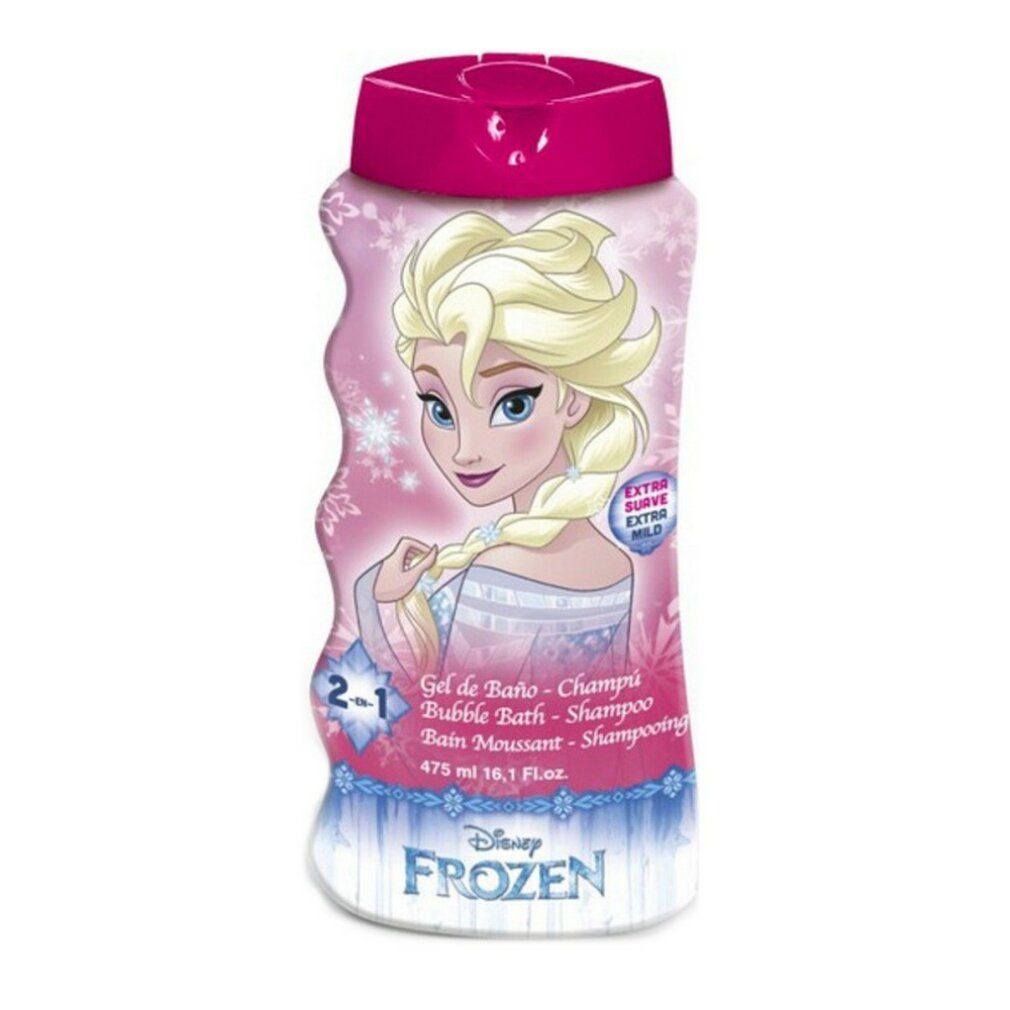 Flacone di gel doccia e shampoo Disney Frozen. Illustrazione di Elsa. Tappo rosa, contorno ondulato. Testo multilingue.