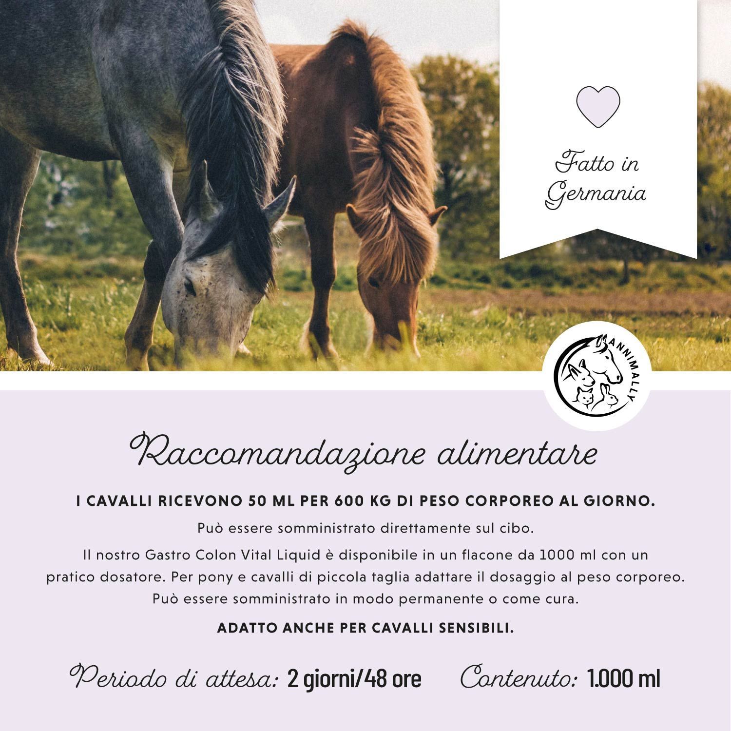 Cavalli sull'erba. Testo: Raccomandazioni alimentari. Flacone 1000 ml. Logo cavallo. Made in Germany.