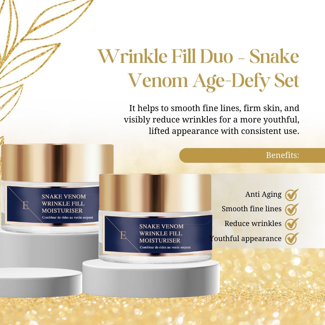 Due vasetti con coperchi dorati ed etichette blu. Scritta: Snake Venom Wrinkle Fill Moisturiser. Testo: Wrinkle Fill Duo - Snake Venom Age-Defy Set.