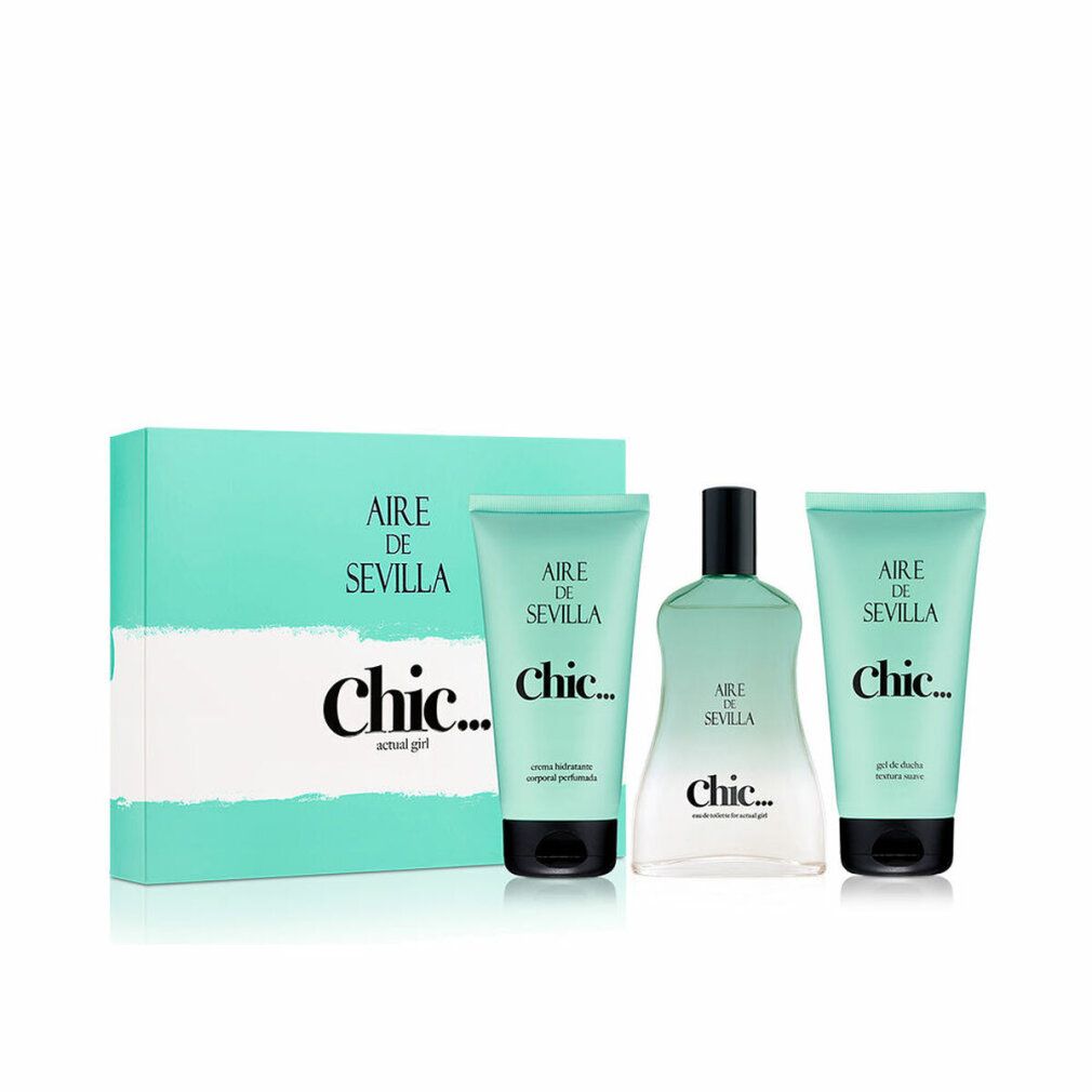 Set regalo con flacone, due tubi e scatola. Design turchese e bianco con nome del prodotto e 'chic'.