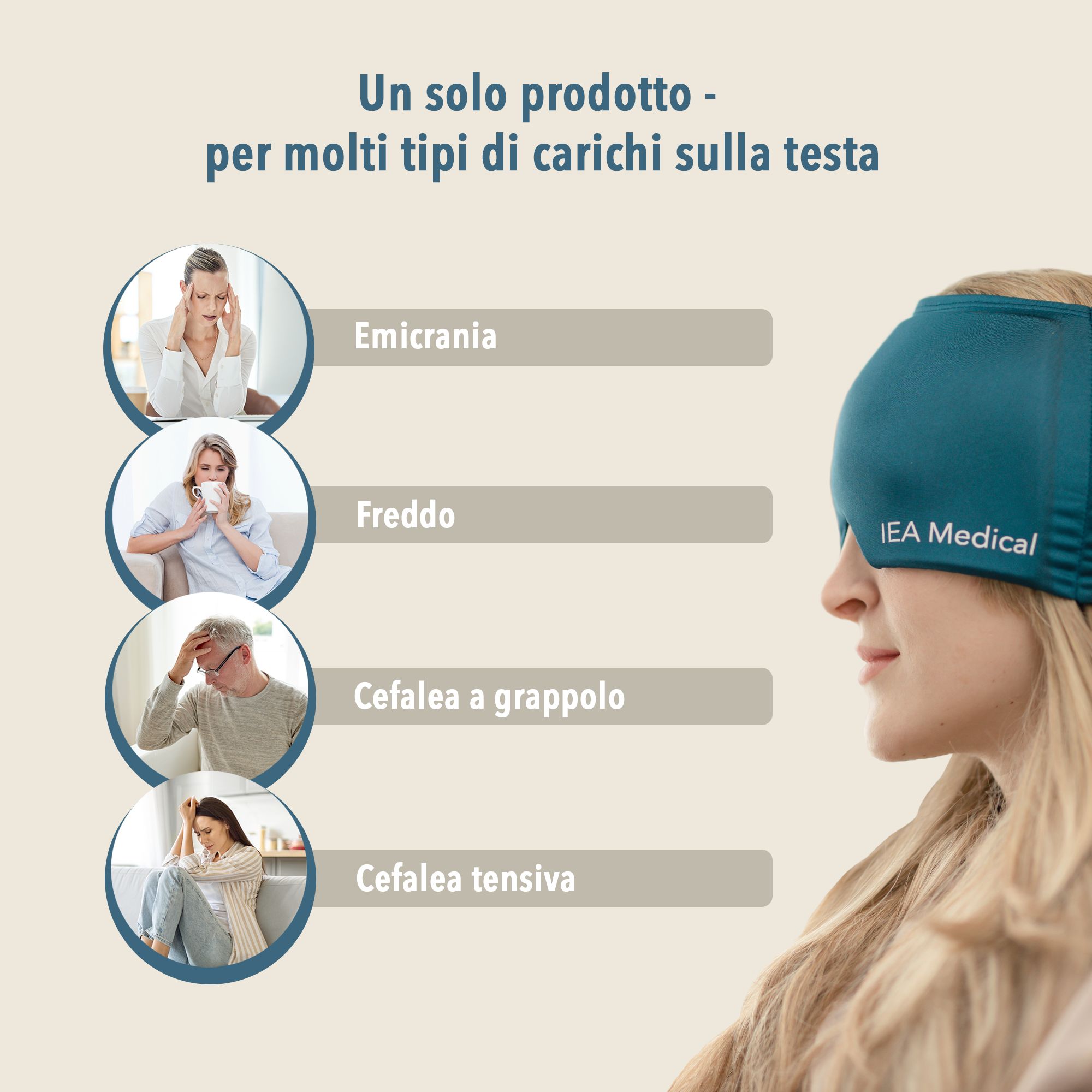 Donna con fascia blu. Testo: Un solo prodotto - per molti tipi di carichi sulla testa. Logo IEA Medical.