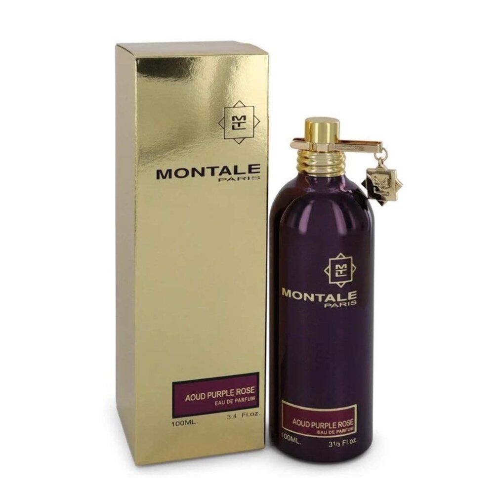 Flacone viola e scatola dorata. Scritta: Montale Paris, Aoud Purple Rose Eau de Parfum. Chiusura dorata.