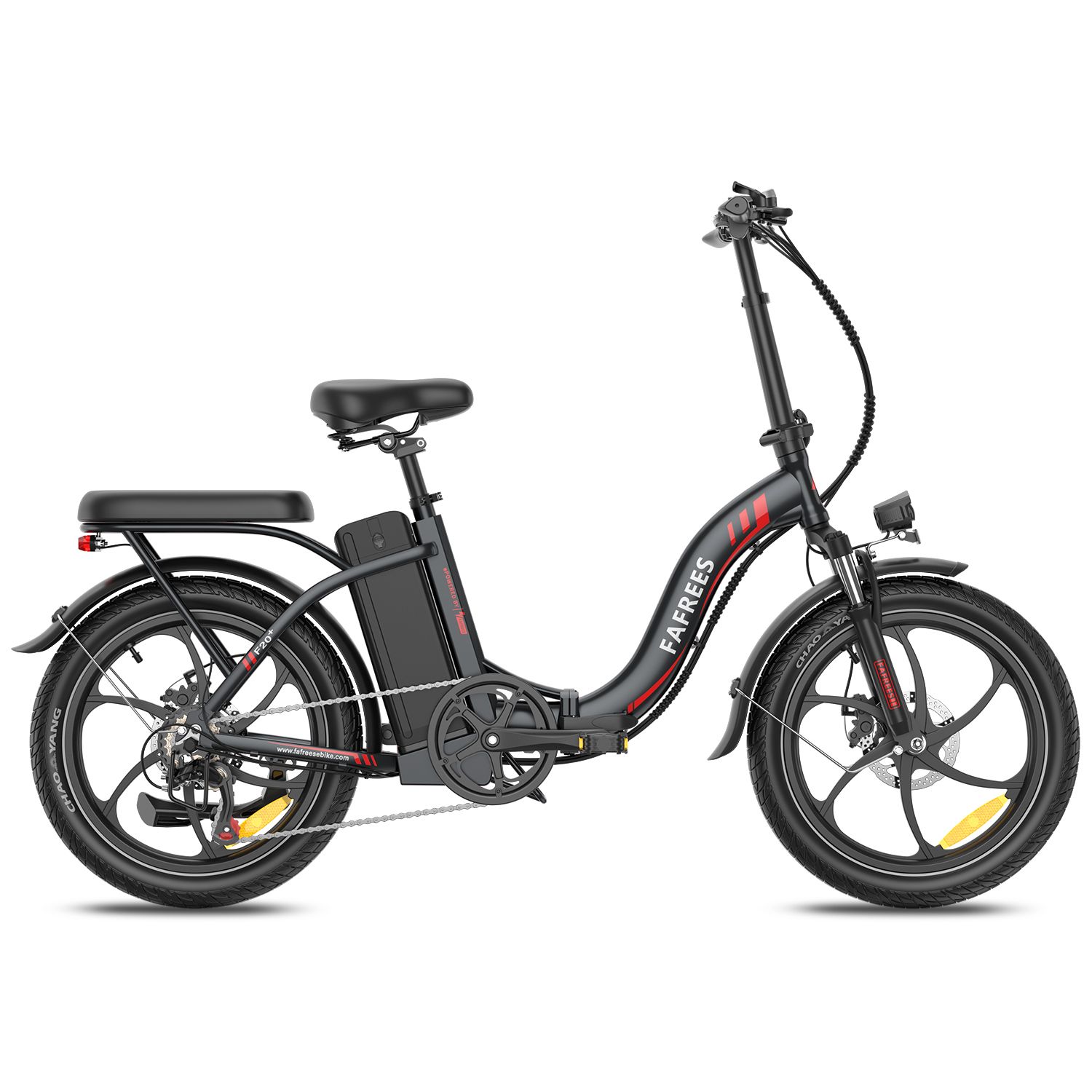 E-bike pieghevole Fafrees F20+ nera. Visibili: sella, portapacchi, batteria, parafanghi, cerchi con linea rossa.