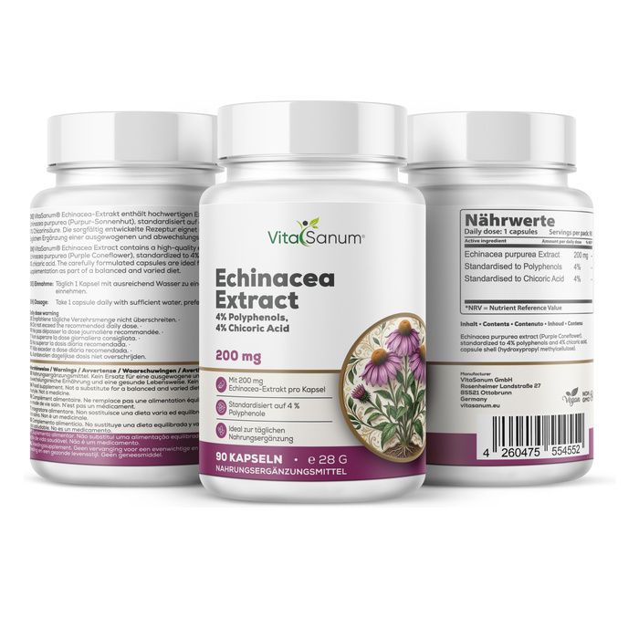 Tre flaconi di VitaSanum Echinacea Extract capsule, 200 mg. Un flacone mostra l'etichetta con i dettagli.
