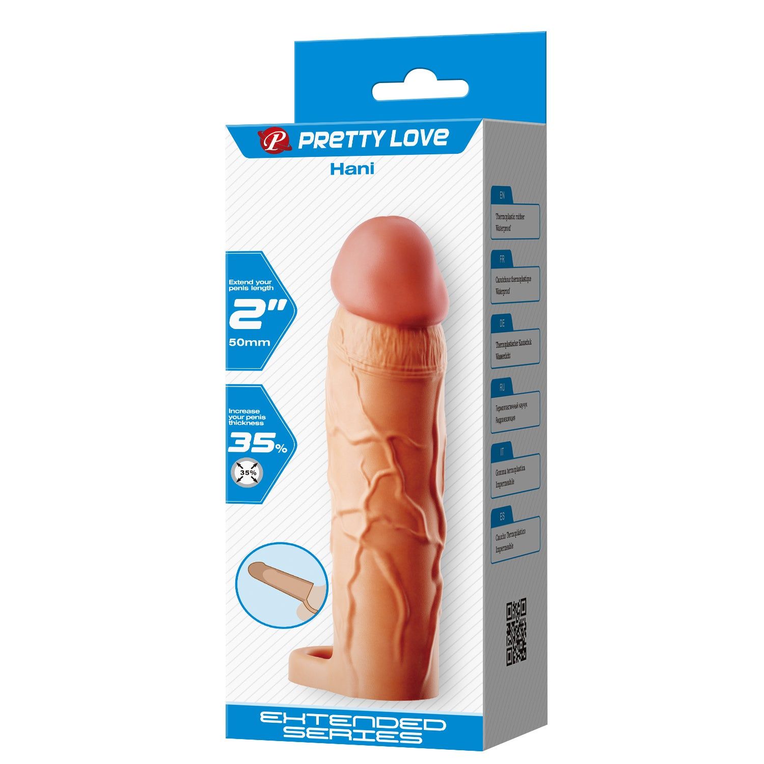 Confezione: Pretty Love Hani. Extender per pene con punta rosa. Diagrammi: allungamento, ispessimento. Extended Series.