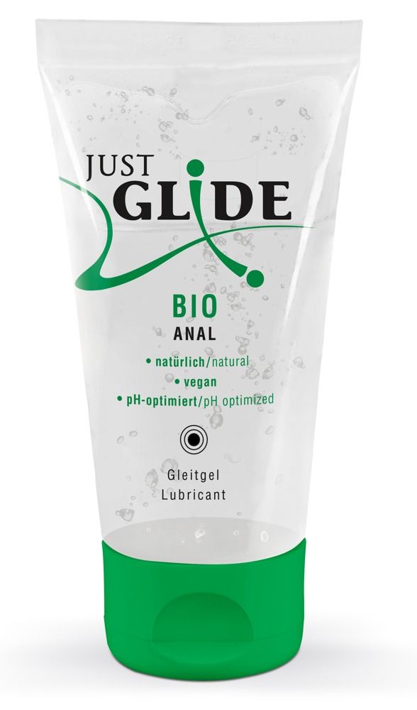Tubo trasparente con tappo verde. Scritta: JUST GLIDE BIO ANAL. Ulteriori indicazioni: naturale, vegano, pH ottimizzato.