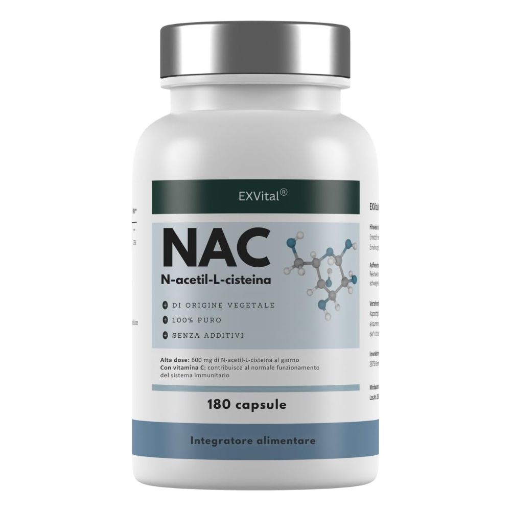 Flacone bianco con capsule. Testo: EXVital NAC, N-Acetil-L-Cisteina, 180 capsule. Integratore alimentare.