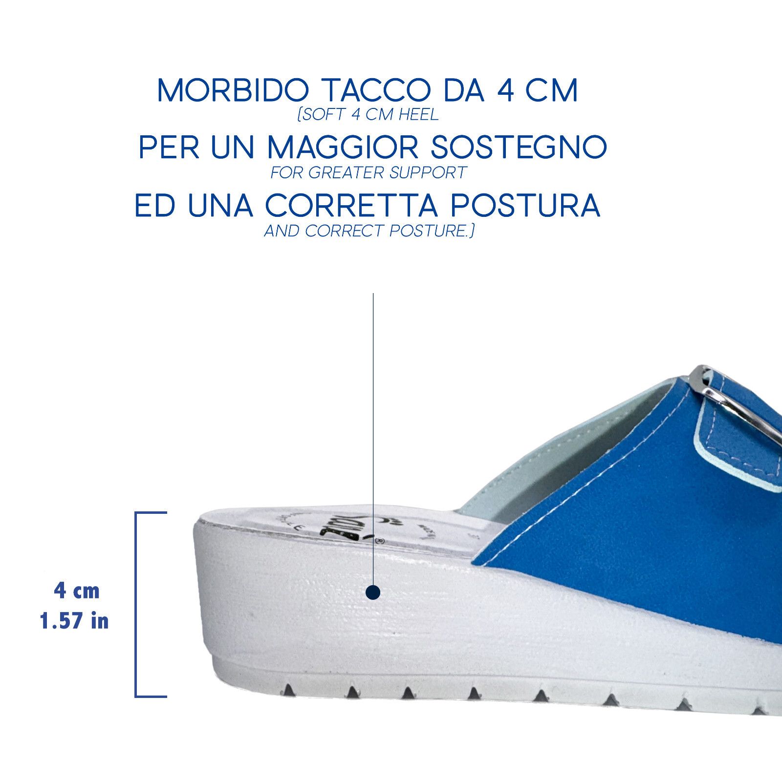 Sandalo blu con tacco da 4 cm. Testo: 'Morbido Tacco da 4 cm'.