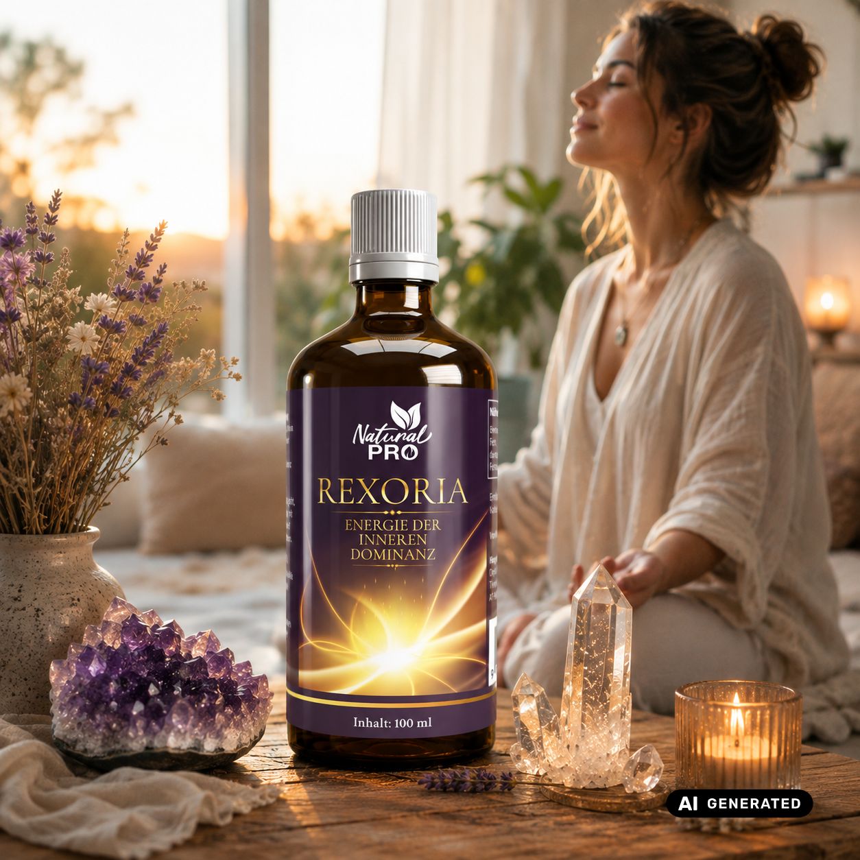 Flacone Rexoria Balance Essenz accanto a una donna che medita e cristalli.