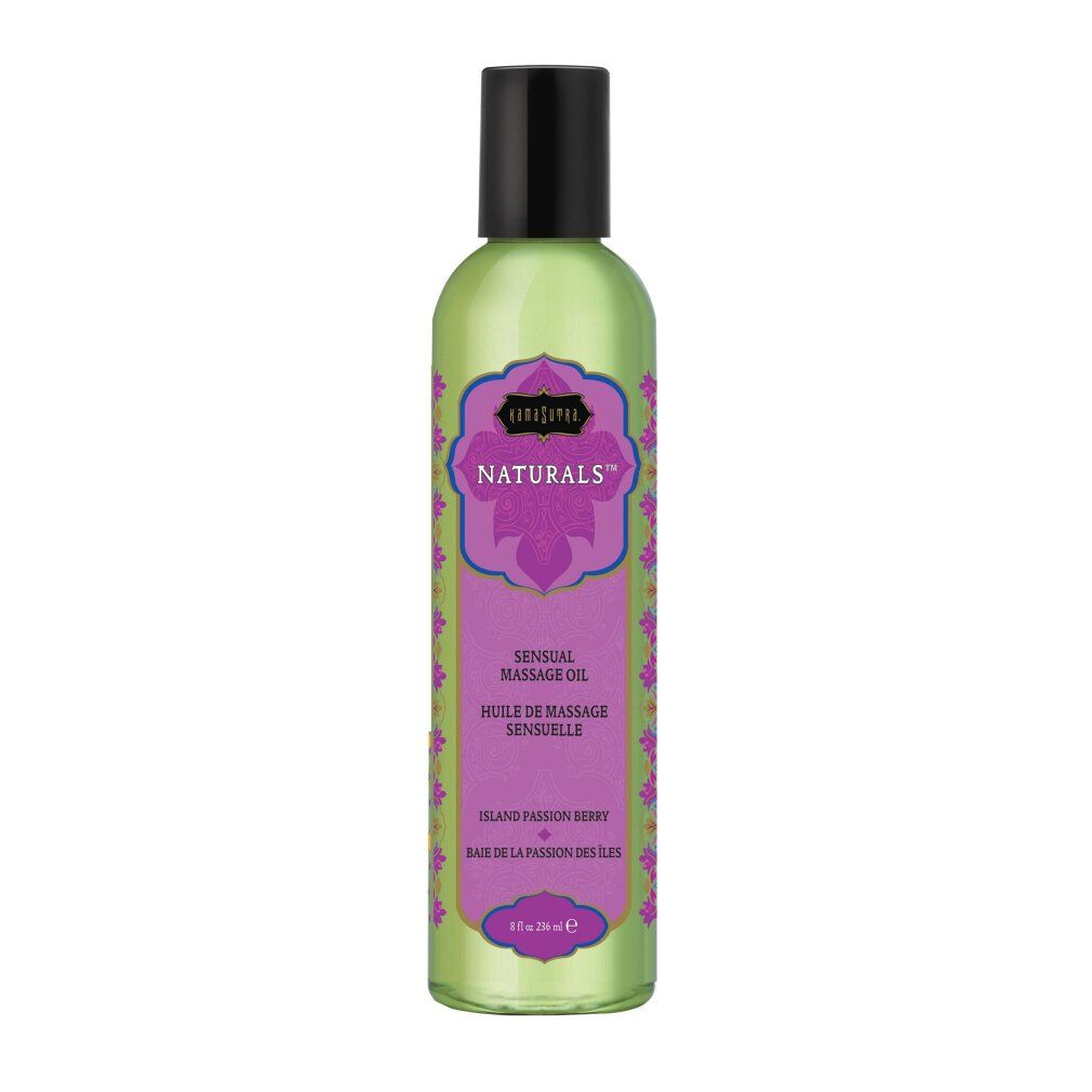 Flacone di olio da massaggio con tappo nero ed etichetta verde 'Island Passion Berry'.