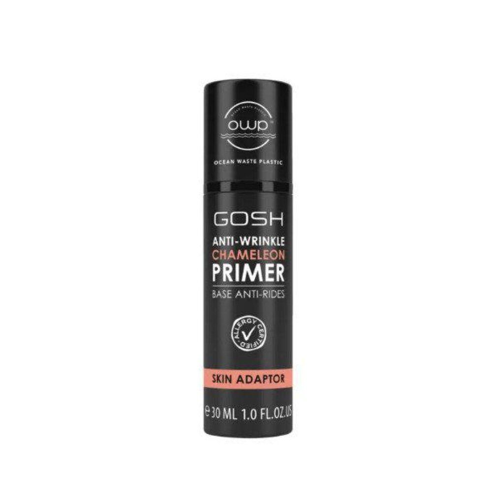 Flacone nero GOSH Anti-Wrinkle Chameleon Primer. Testo: Skin Adaptor, 30 ml, Allergy Certified, OWP Ocean Waste Plastic.