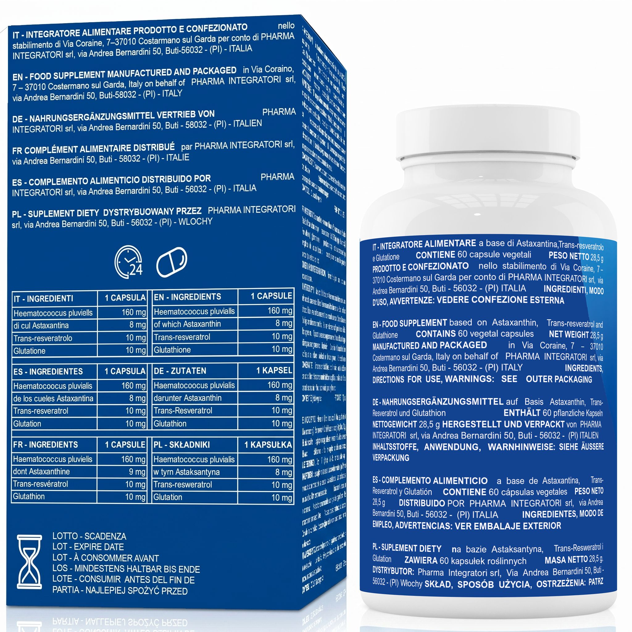 Flacone e scatola di Astaxantina. 60 capsule vegetali. Made in Italy.