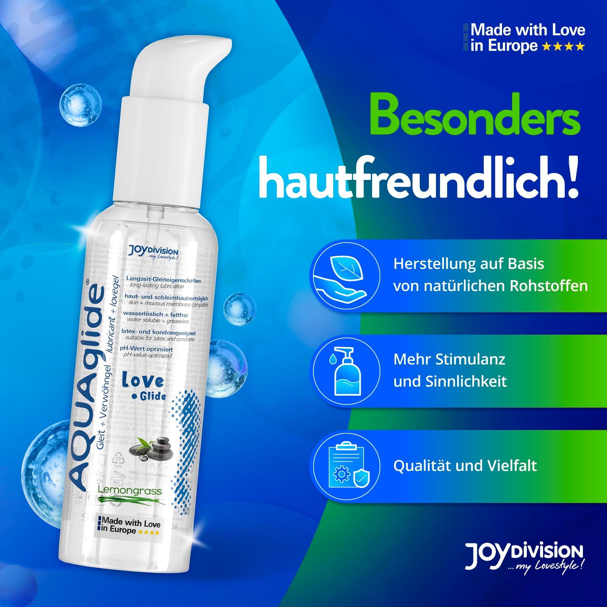 AQUAGLIDE Massage + Glide Lemongrass flacone con pompa, delicato sulla pelle.