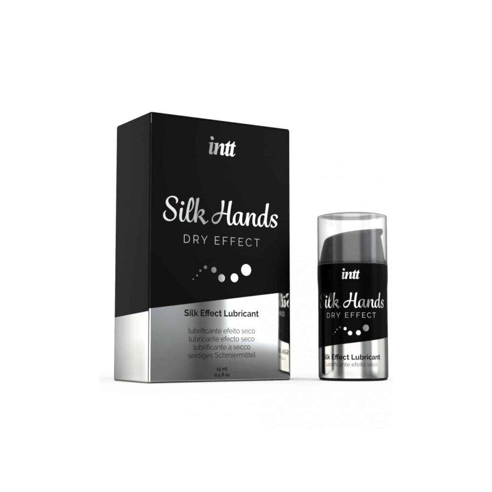 Confezione e flacone. Confezione: nera, argento. Scritte: intt, Silk Hands, DRY EFFECT, Silk Effect Lubricant.