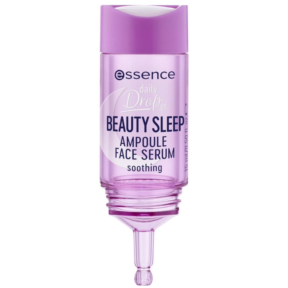 Siero viso in fiala. Flacone viola con tappo bianco e applicatore. Scritta: Essence, Beauty Sleep, Ampoule Face Serum.