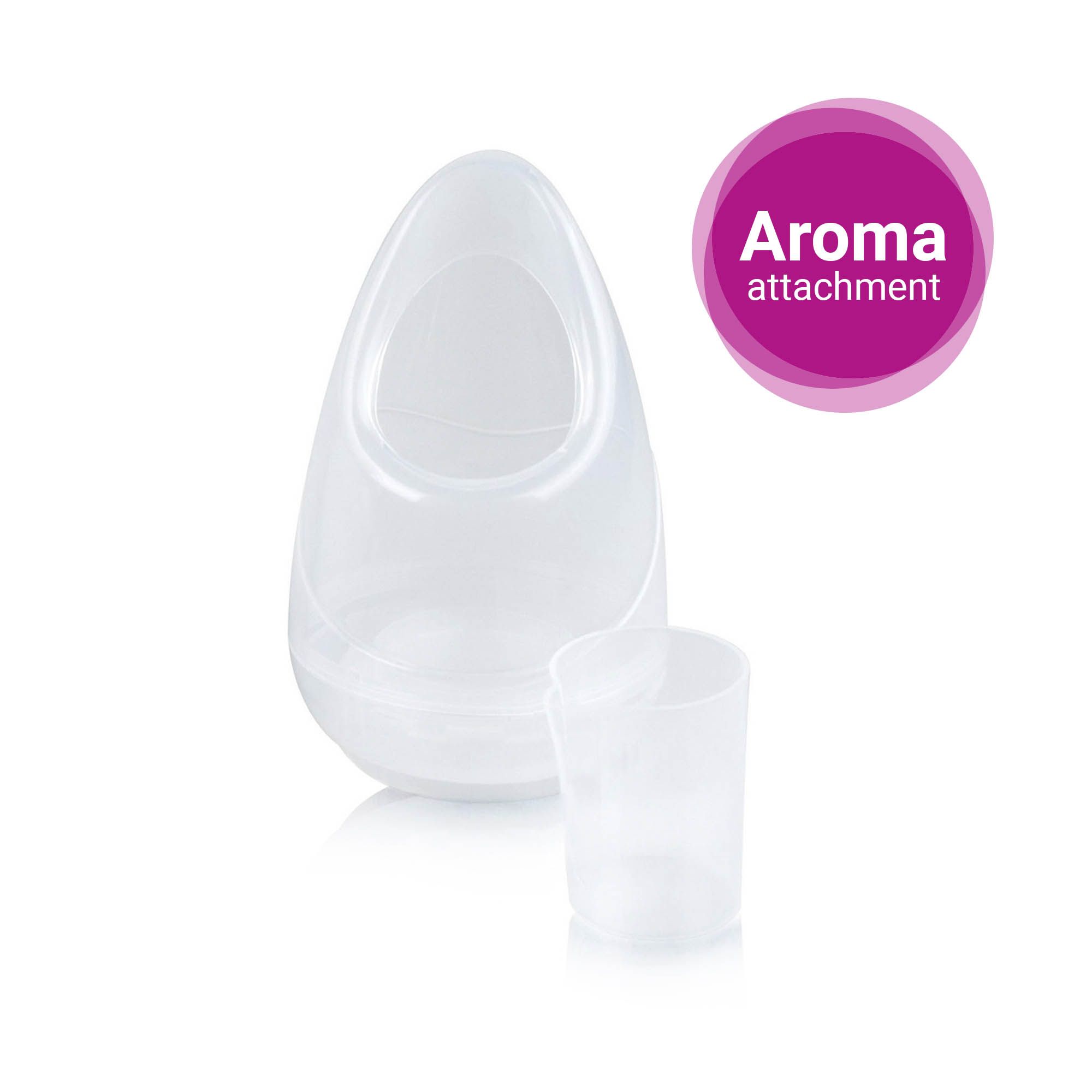 Accessorio aroma e misurino. Plastica bianca. Cerchio viola con testo 'Aroma attachment'.